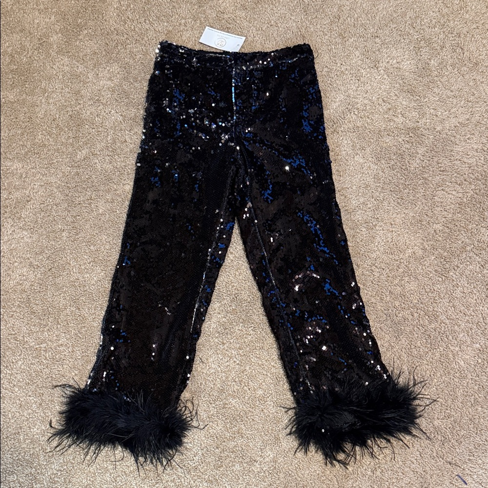 Elegant Black Sequin Women's Pants with Feather Trim